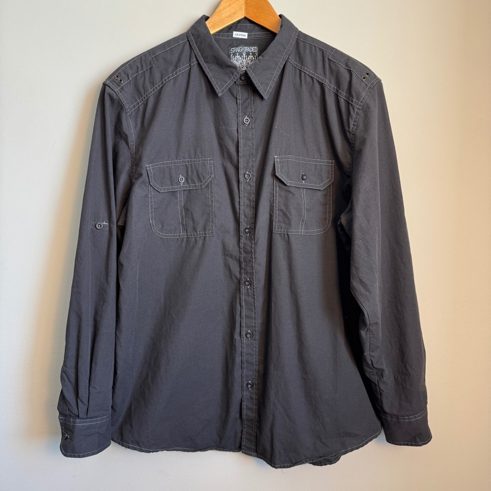 Straight Faded Mens Button Up Utility‎ Shirt Black Large Roll Tab Sleeves Grunge